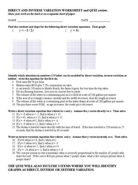 direct and inverse variation worksheet with answers pdf